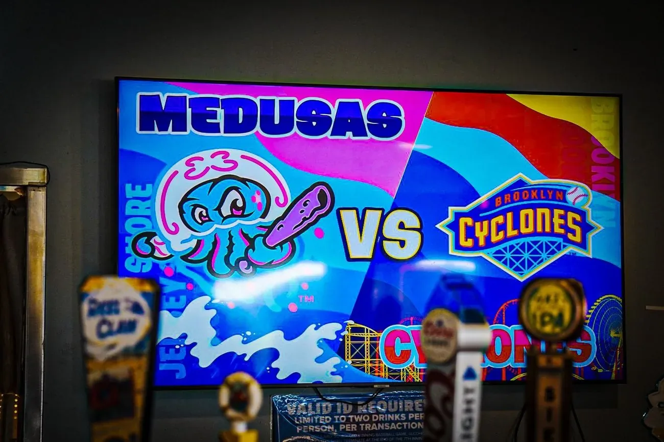 Concourse screen showing the Jersey Shore Medusas versus Brooklyn Cyclones promo graphic