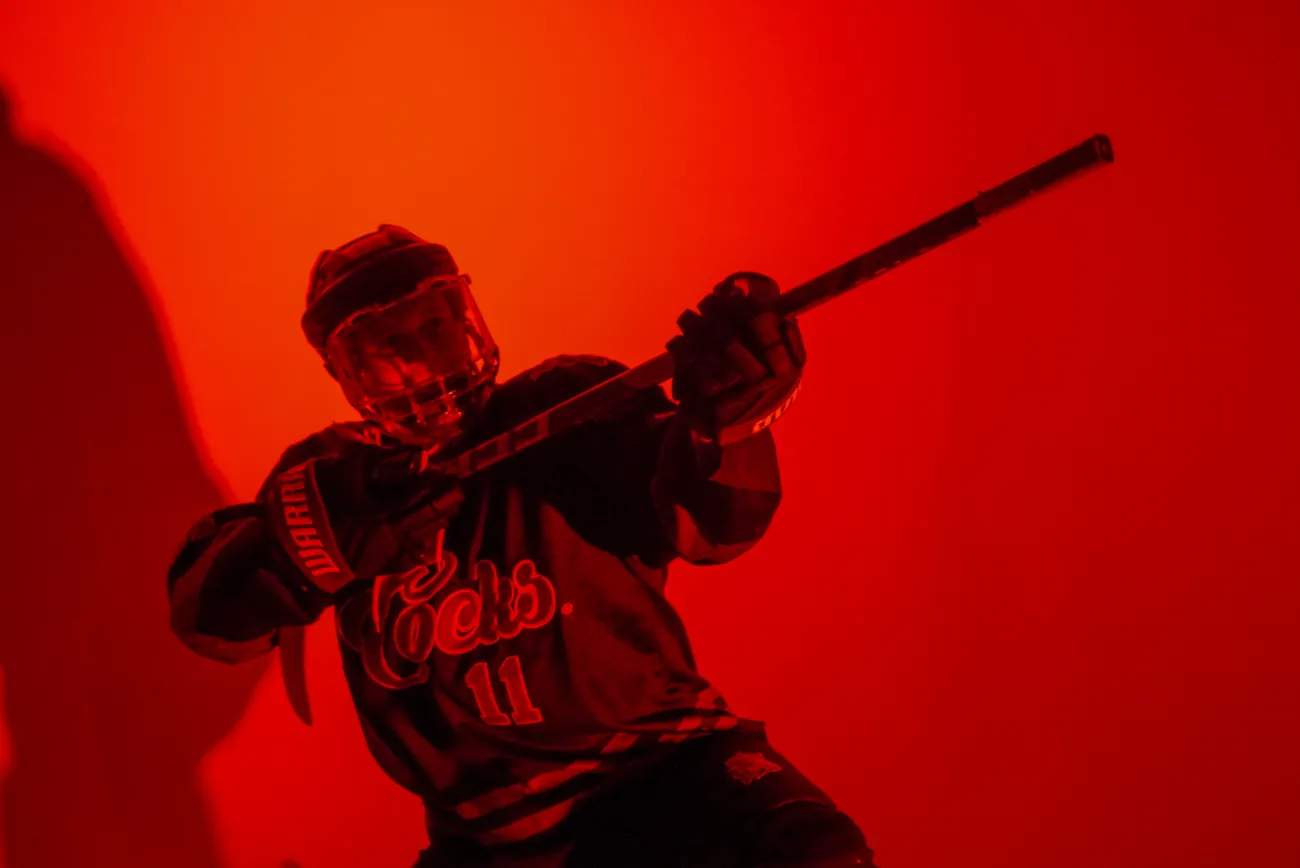 Gamecocks player number 11 crouched with his stick raised diagonally across his chest