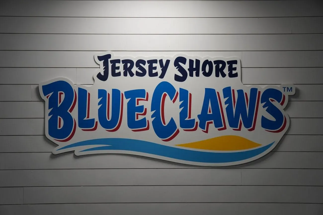 The Jersey Shore BlueClaws logo mounted on the ballpark wall