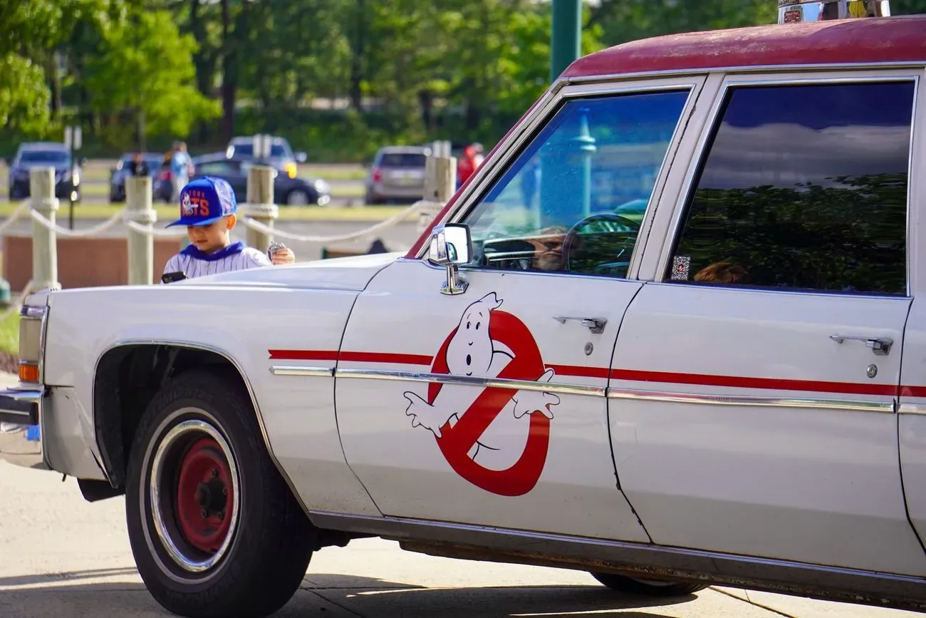 The Ecto-1 Ghostbusters car parked outside the ballpark on theme night